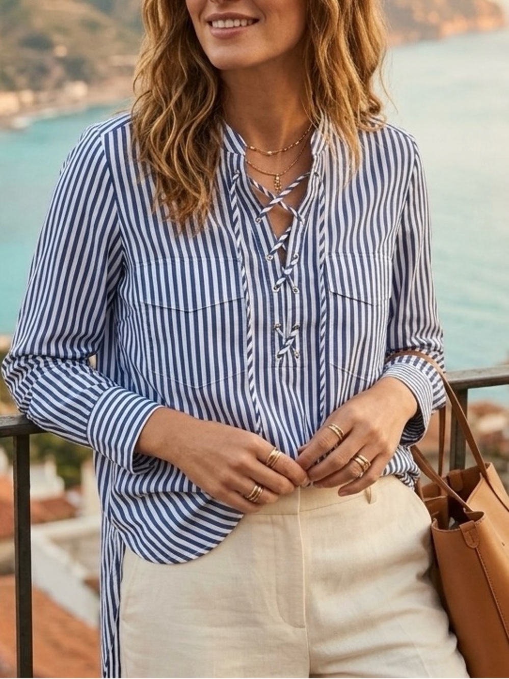 Veronica Beard Blue White Striped Lace Up Blouse Size 2 Cotton Resort Vacation